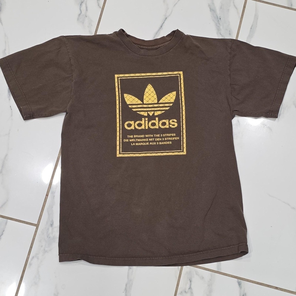 Adidas Originals Trefoil Brown Graphic T Shirt Men's Medium Distressed Logo Y2K